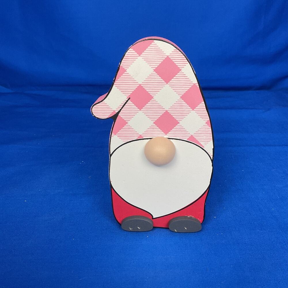 Pink Buffalo Plaid Gnome Shaped Wooden Block Sign Valentine 3D Nose Shelf Sitter